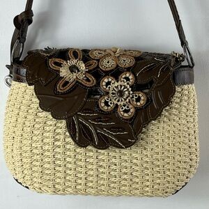 Brighton Cassia Nat Leather Floral  Handbag Woven Purse Brown Ivory W/Cover Bag
